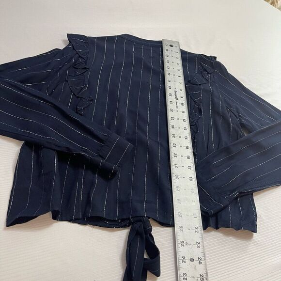Rails Blouse Piper Tie Front Navy Silver Stripe Ruffle Button Up Shirt Medium - Picture 10 of 10
